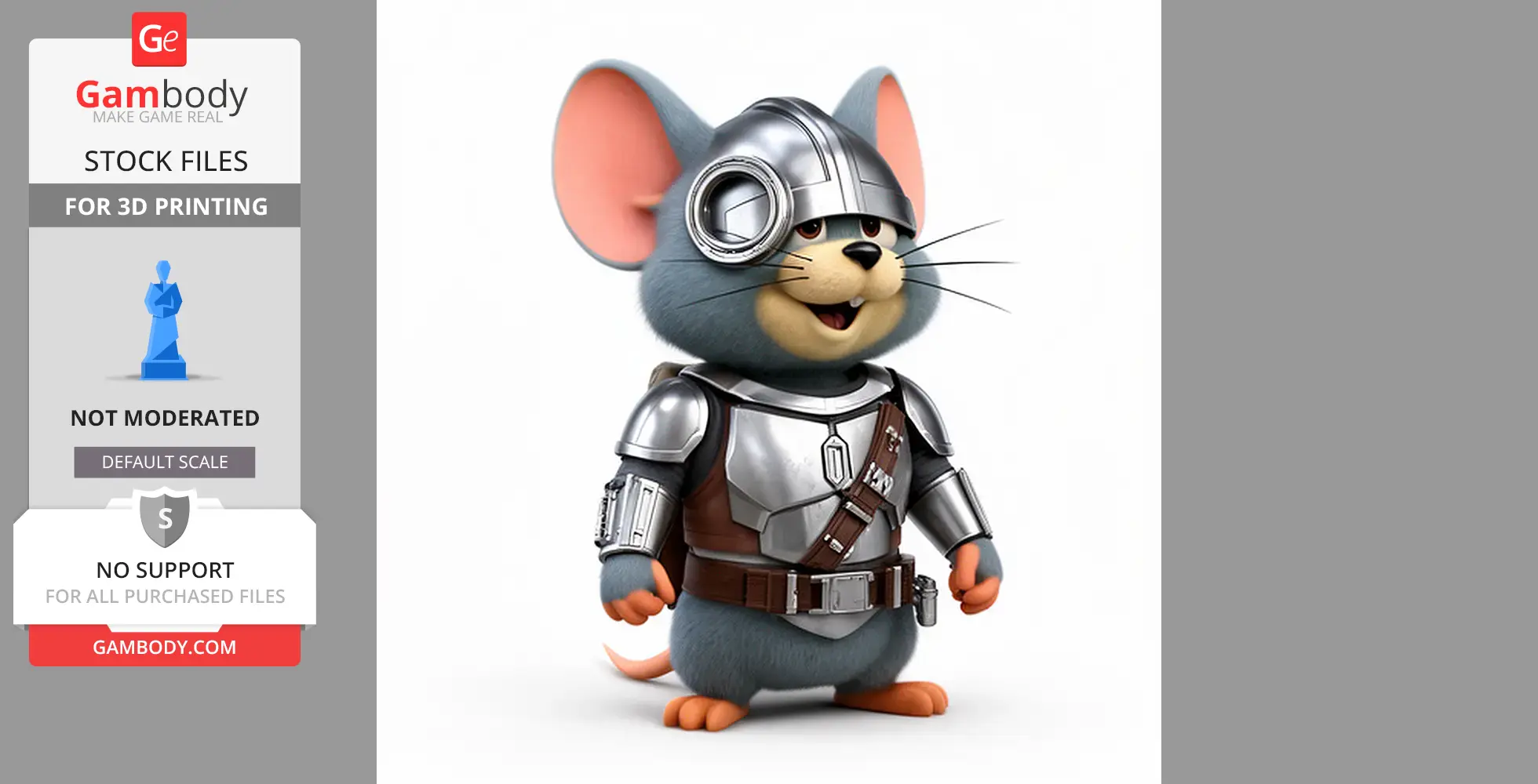 A cartoon mouse dressed as a Mandalorian in detailed armor, standing upright.
