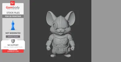 Cartoon mouse in Mandalorian armor, standing with eyes closed, detailed 3D model for printing.