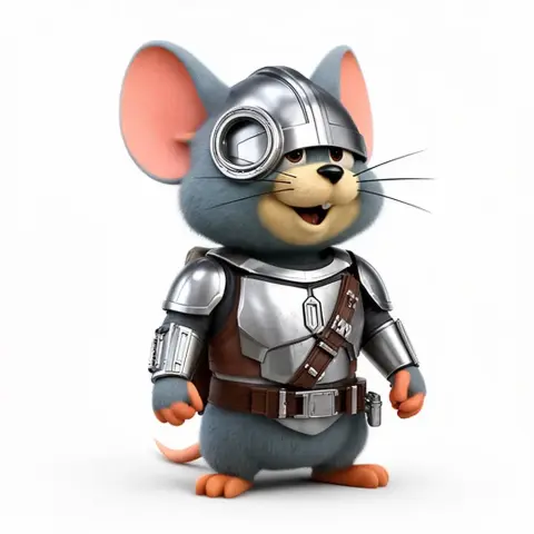 A small, armored mouse figure with large ears, wearing Mandalorian-style gear.