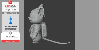 A 3D model of a mouse in Mandalorian armor, standing upright with a long tail and helmet.