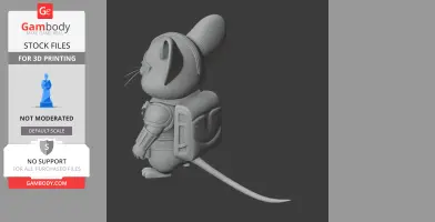 A 3D model of a cartoon mouse in Mandalorian armor with a backpack, viewed from the side.