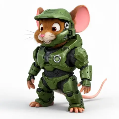 Adorable cartoon mouse in green sci-fi armor resembling a famous video game character.