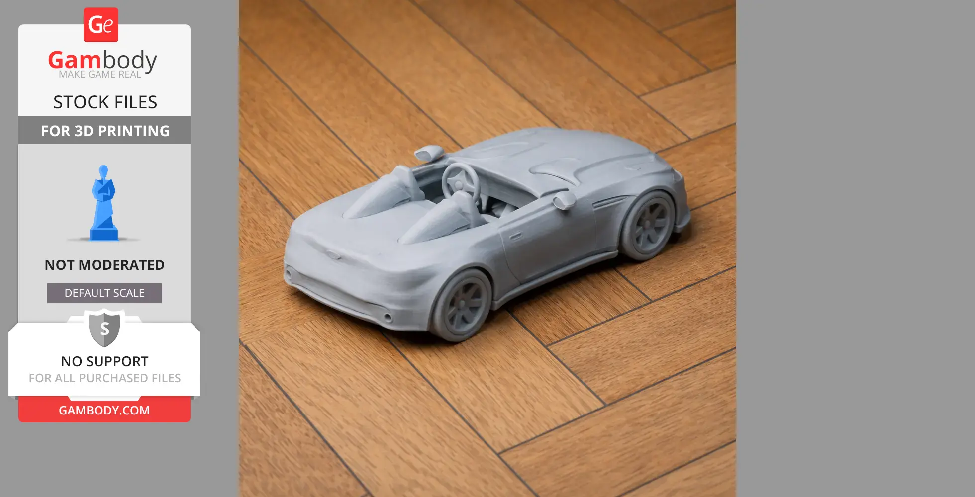 3D printed model of a sleek, open-top sports car on a wooden floor.