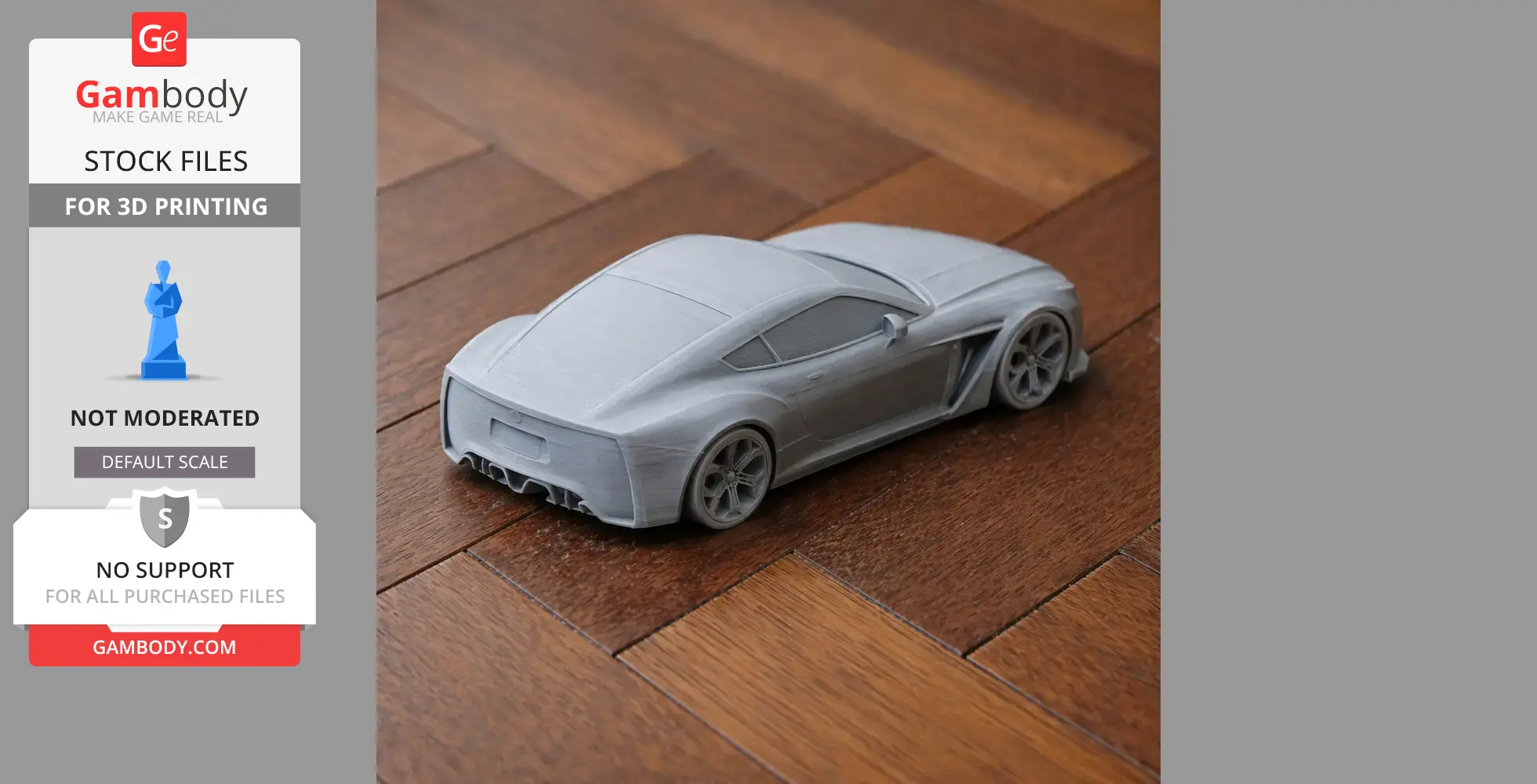 A 3D-printed model of an Aston Martin V12 Zagato on a wooden surface.