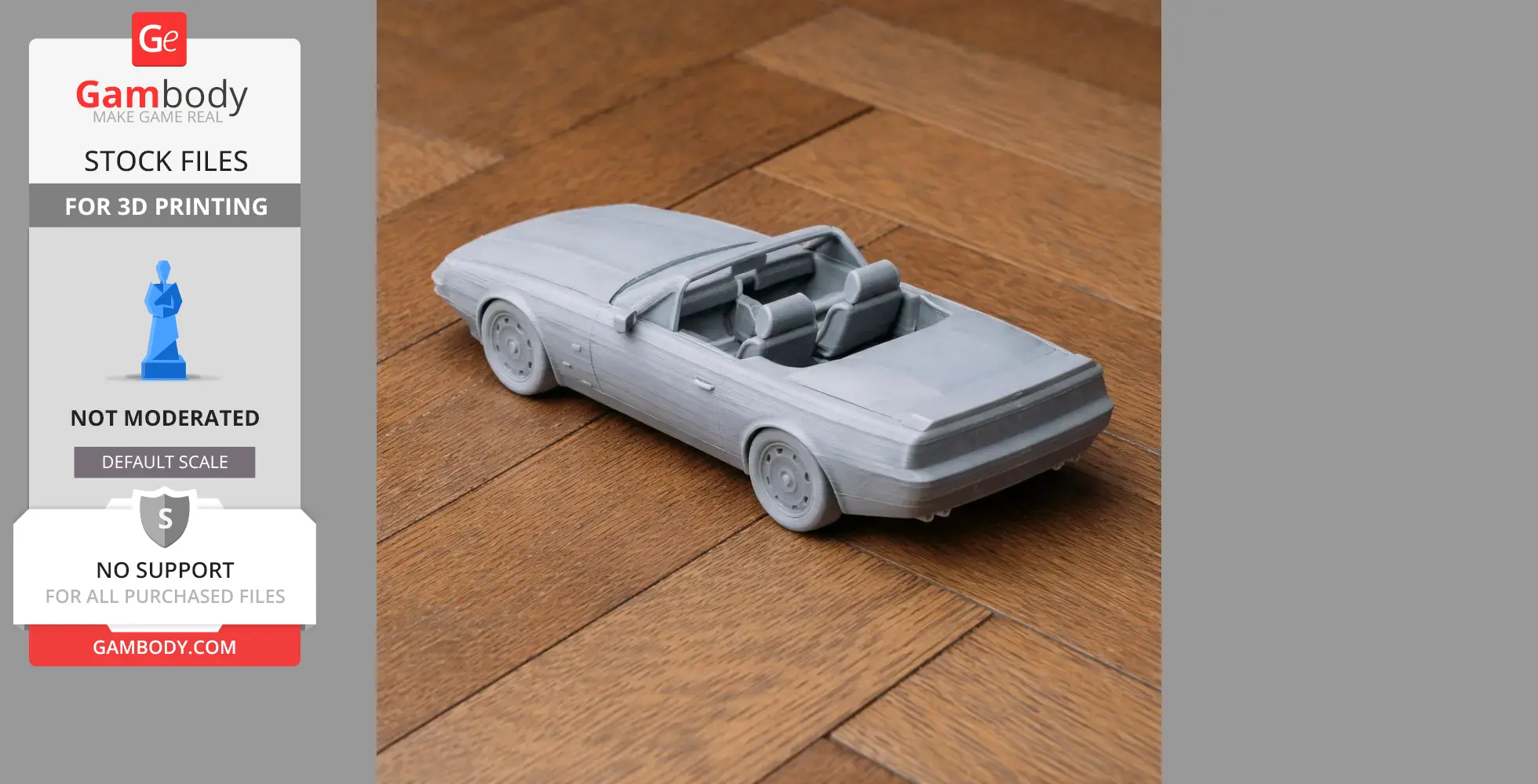 A 3D-printed model of a convertible car on a wooden surface.