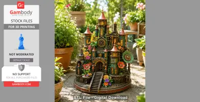 Intricate fantasy castle with gears and flowers, ideal for 3D printing, set in a garden environment.
