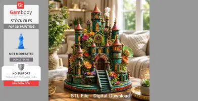 Enchanted fantasy castle model with turrets, gears, and vibrant flowers on a detailed base.