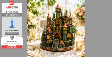 A detailed, whimsical fantasy castle with towers, gears, and floral decorations on a banquet table.
