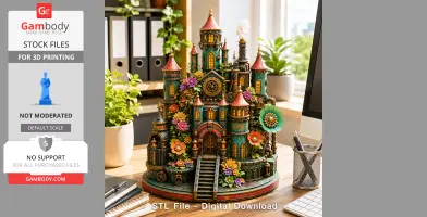 Intricate fantasy castle model with gears, towers, vibrant flowers, and steampunk elements for 3D printing.
