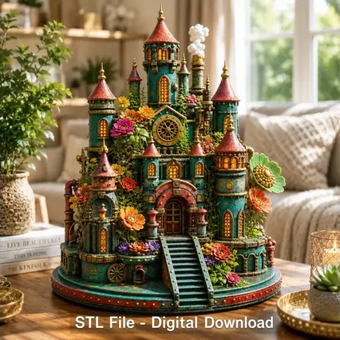 Colorful, intricately detailed mechanical fantasy castle with turrets and flowers, set in a cozy room.