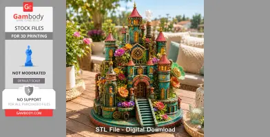 Ornate fantasy castle model with vibrant flora, teal walls, and red turrets for 3D printing.