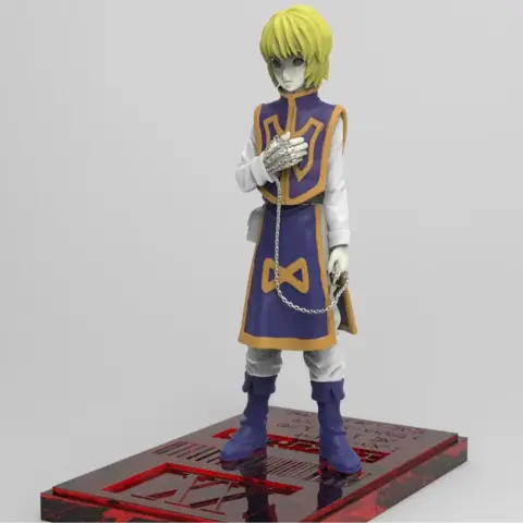 3D model of Kurapika from Hunter X Hunter, in a blue and yellow outfit, standing on a detailed base.