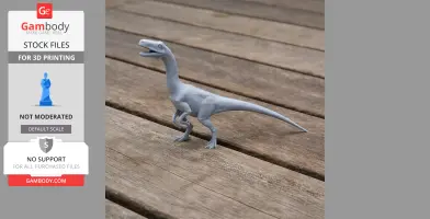 A 3D-printed model of a Segisaurus dinosaur on wooden planks.