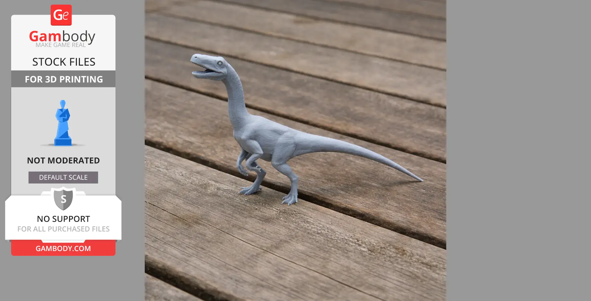 A 3D-printed model of a Segisaurus dinosaur on wooden planks.