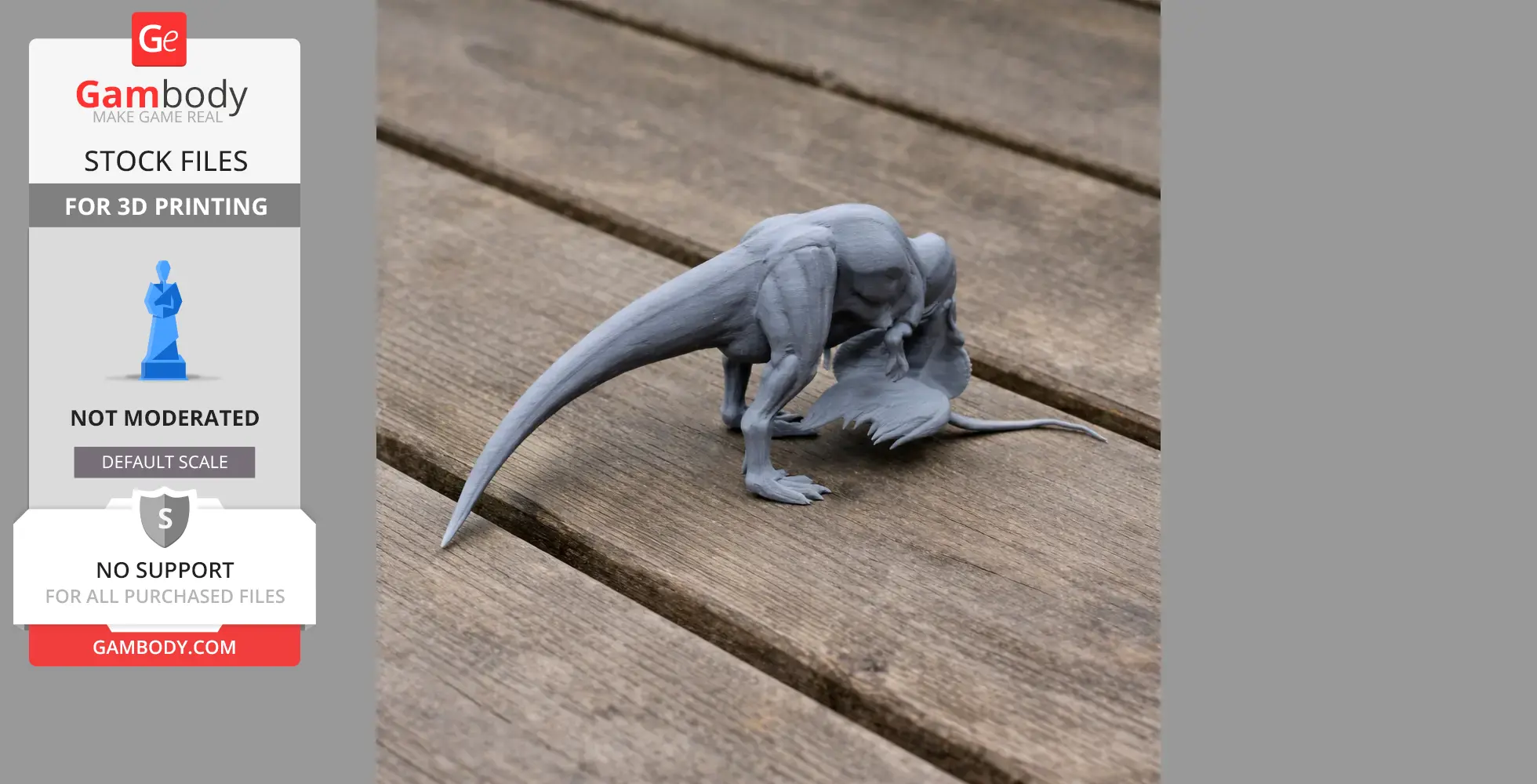 A 3D printed model of Shaochilong, a dinosaur, posed on a wooden surface.