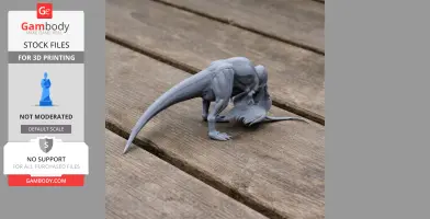 A 3D printed model of Shaochilong, a dinosaur, posed on a wooden surface.