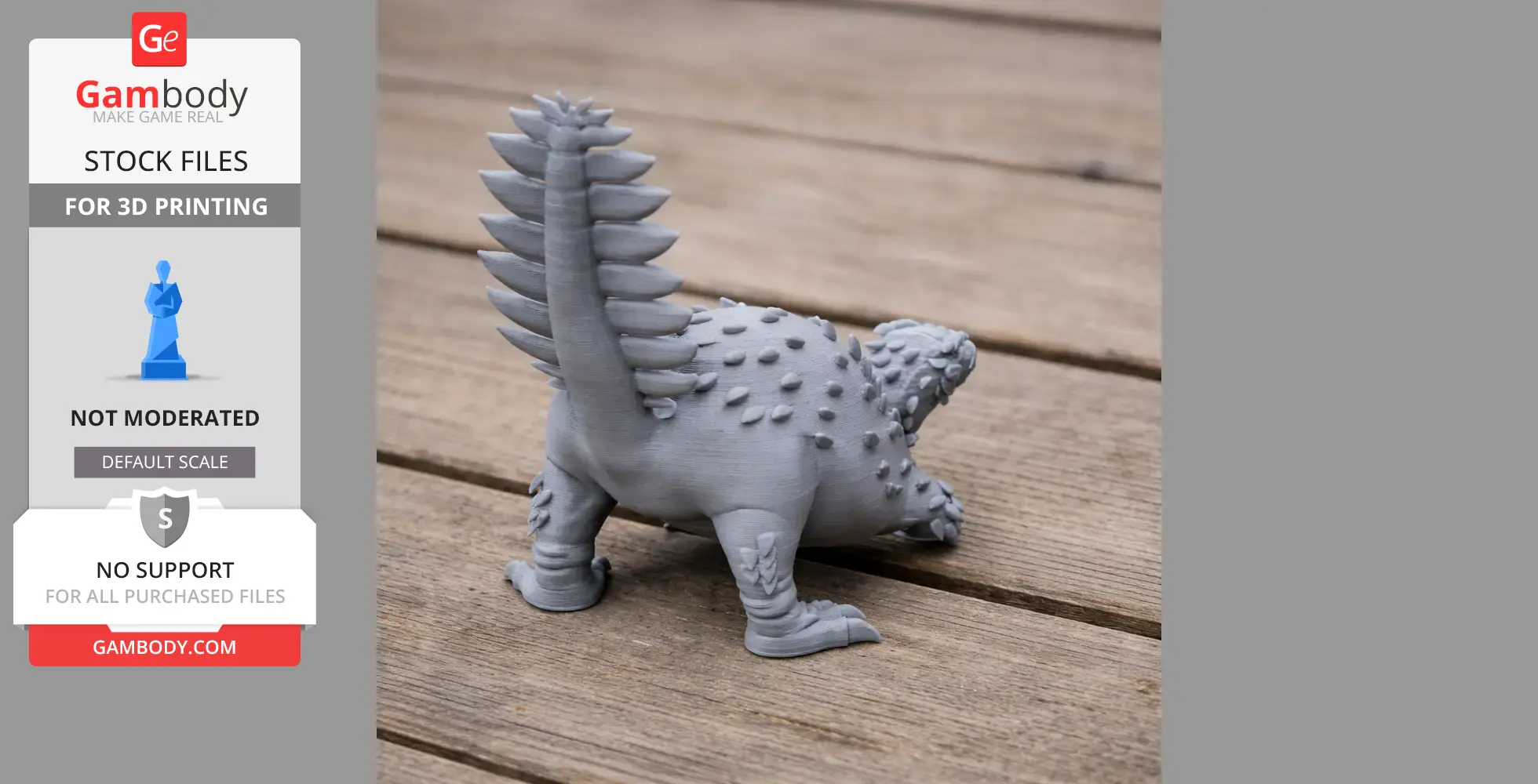 3D printed Stegouros model on wooden surface, with spiked tail and textured body.