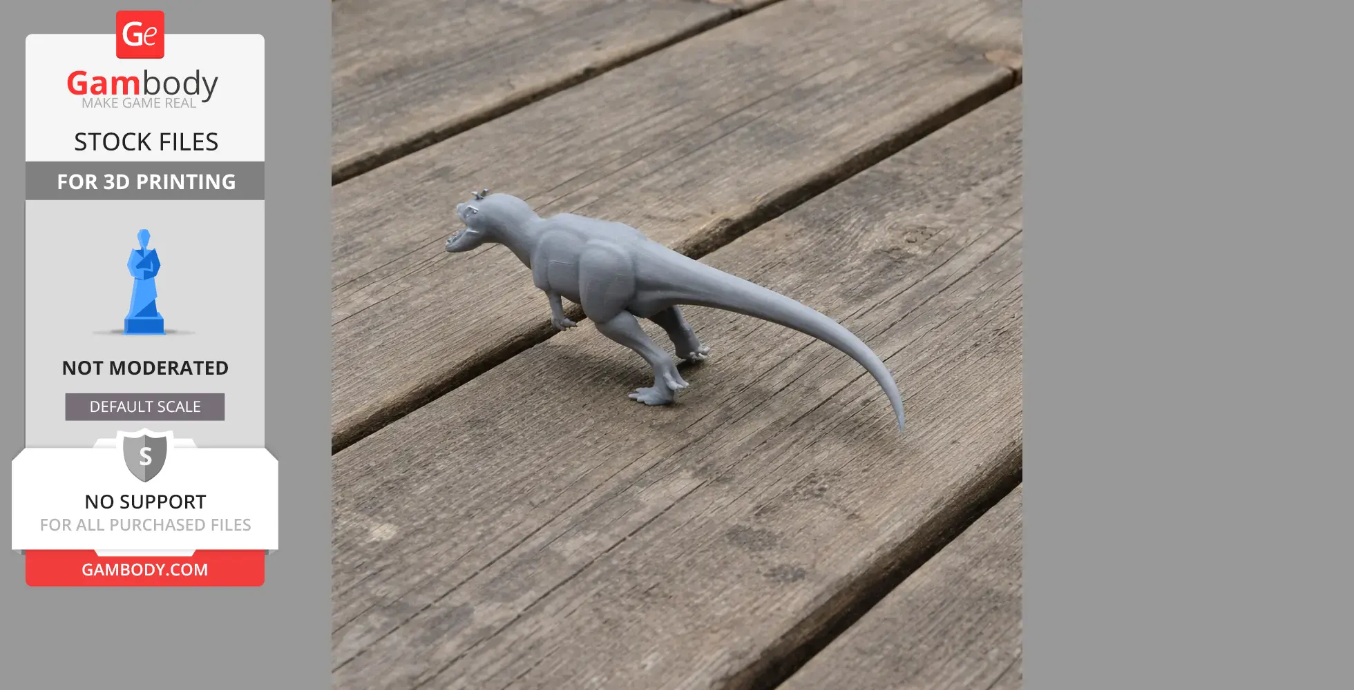 Gray 3D-printed Stokesosaurus model on a wooden surface, viewed from the side.