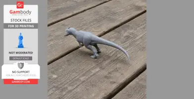 Gray 3D-printed Stokesosaurus model on a wooden surface, viewed from the side.