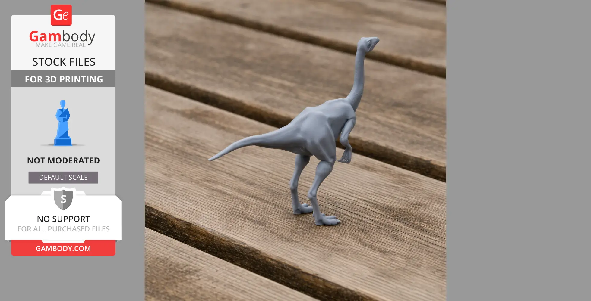 Gray Struthiomimus 3D print model on wooden surface, viewed from the side.