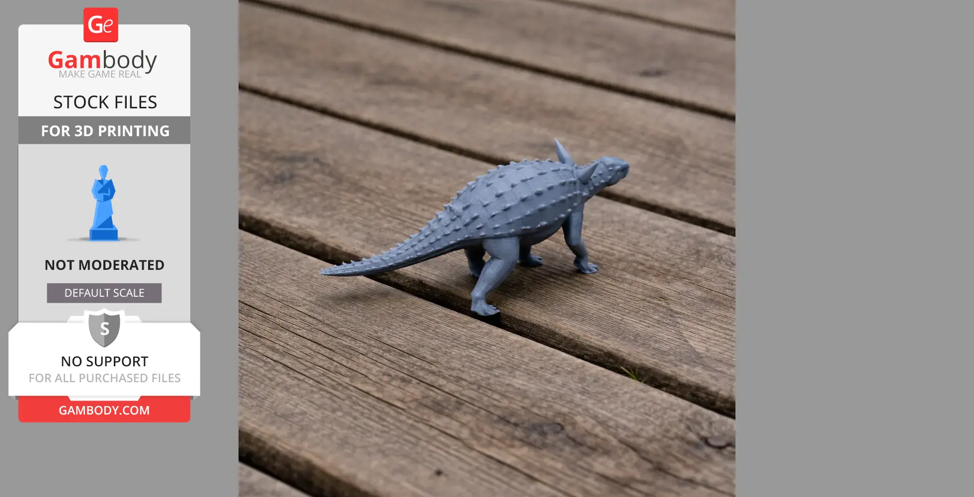 3D-printed Struthiosaurus model with spiked back, standing on wooden surface.