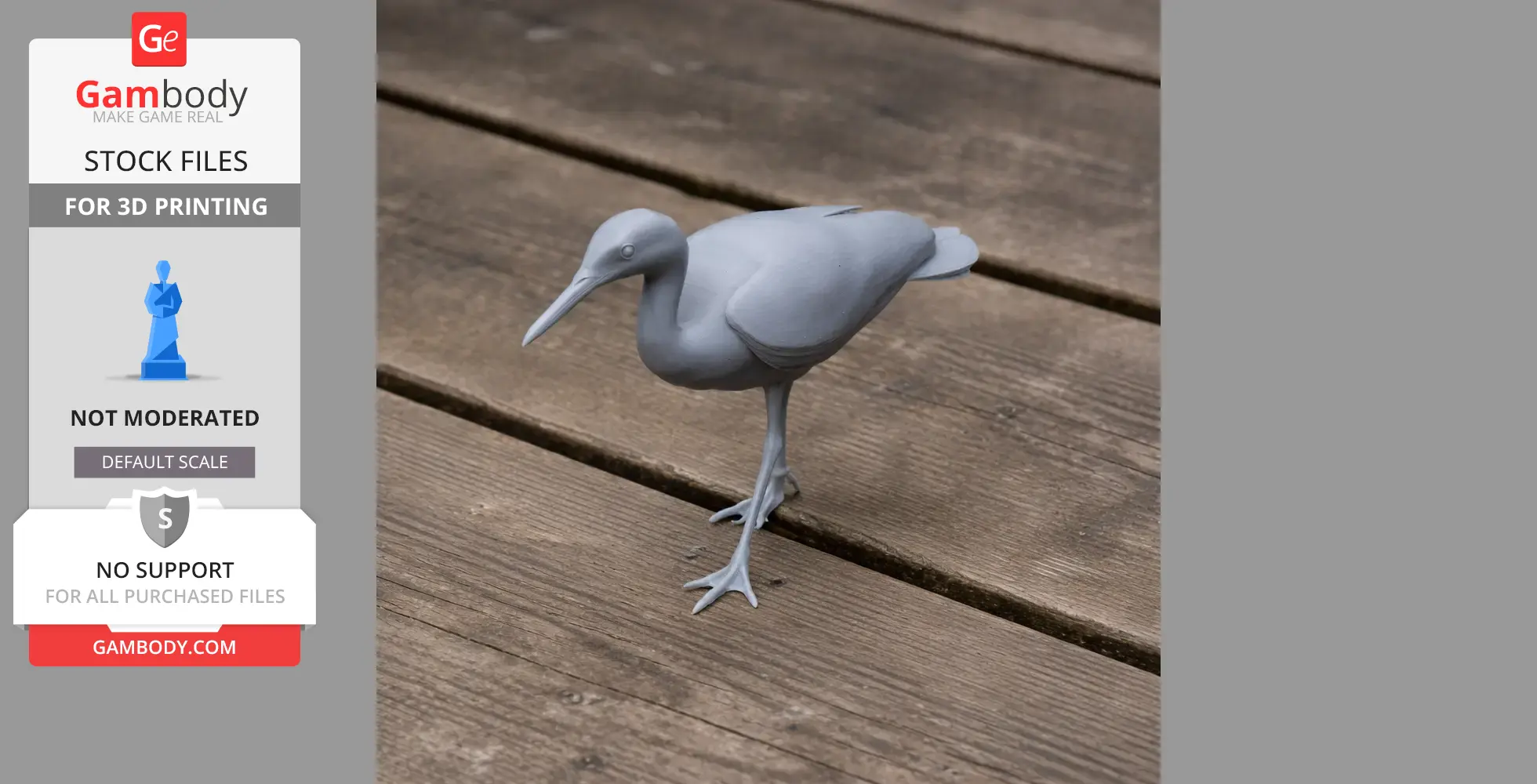 Gray 3D-printed model of a Sunbittern bird standing on a wooden surface.