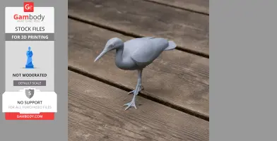 Gray 3D-printed model of a Sunbittern bird standing on a wooden surface.