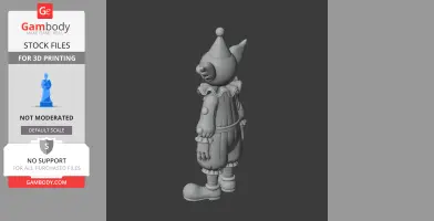 3D model of a clown figurine with a pointed hat, ruffled collar, and oversized shoes, side view.