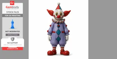 Colorful clown figurine with a big smile, red hair, and suit, designed for 3D printing.