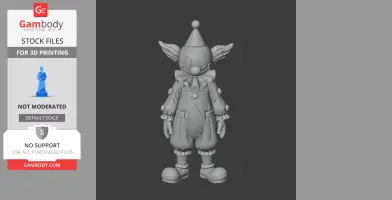 3D model of a whimsical clown with a hat and ruffled outfit, designed for 3D printing.