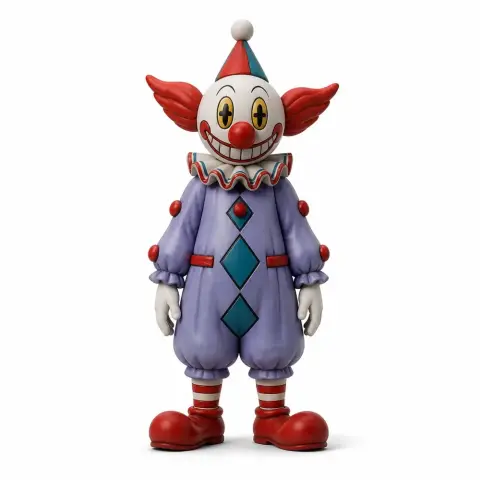 Clown figurine with big grin, red nose, purple outfit, and red shoes from a video game.