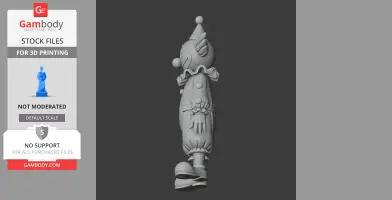 A detailed 3D model of a clown character, side view, with ruffled outfit and pointed hat, for 3D printing.