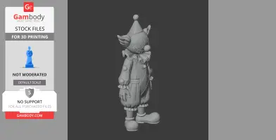 A 3D model of a clown character with a pointed hat, bulbous nose, and ruffled collar, ready for printing.