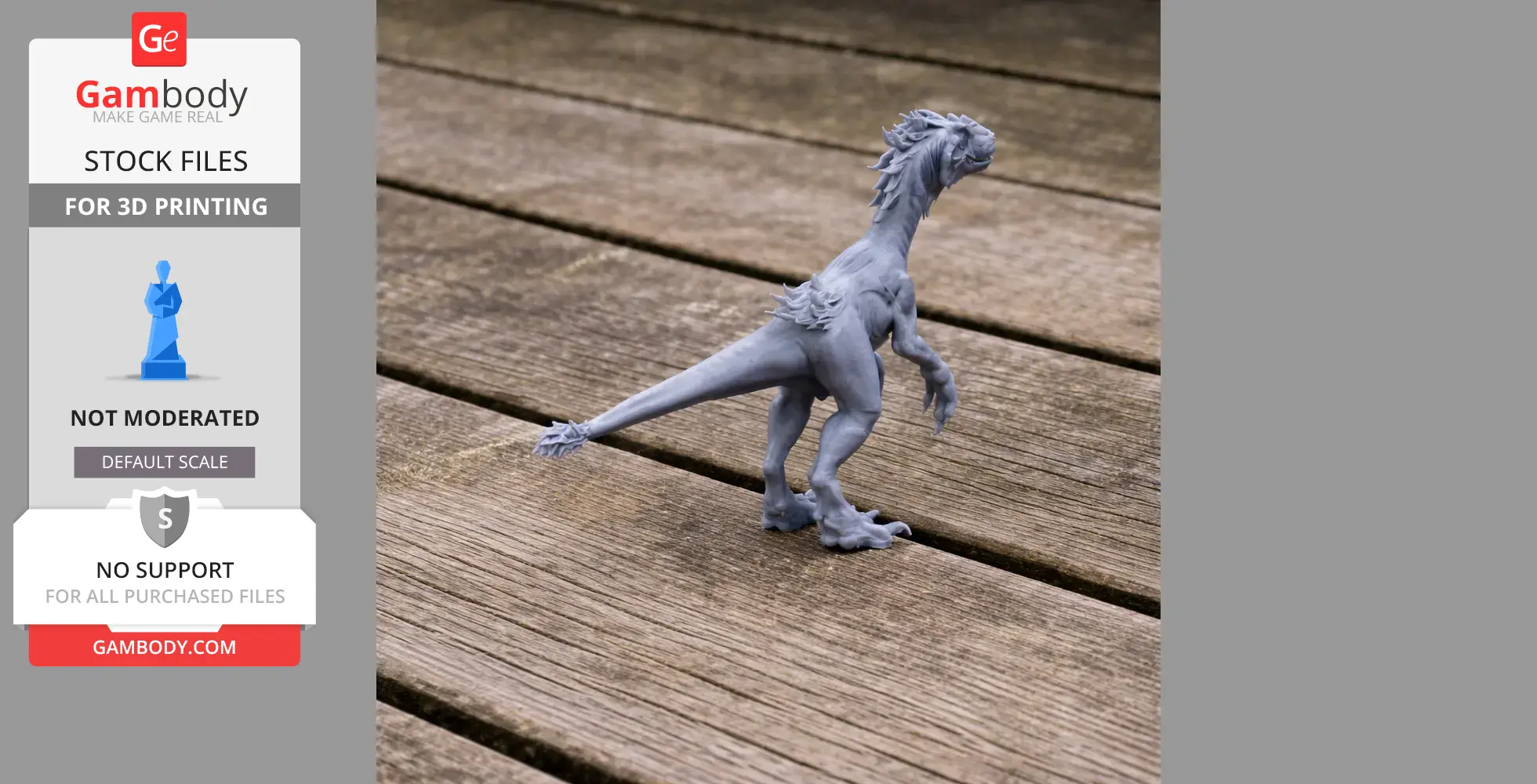 A detailed 3D-printed model of Tachiraptor, a prehistoric dinosaur, on a wooden surface.