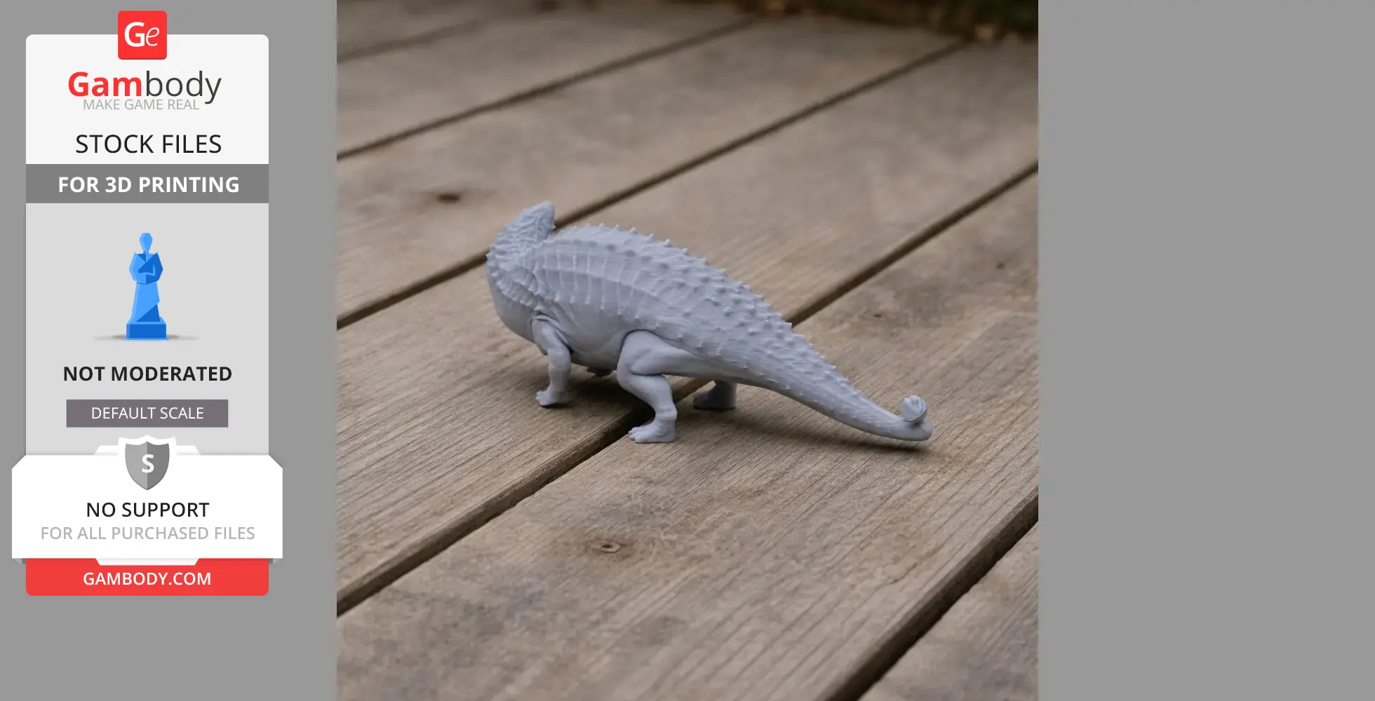Gray 3D-printed Talarurus dinosaur model on a wooden surface.
