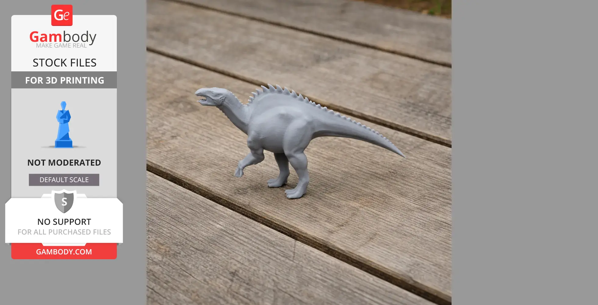 Gray 3D-printed model of a Tanius dinosaur with spines on its back, standing on a wooden surface.