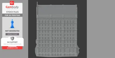 Detailed 3D model of a multi-story building facade, featuring arched windows and intricate architectural elements.