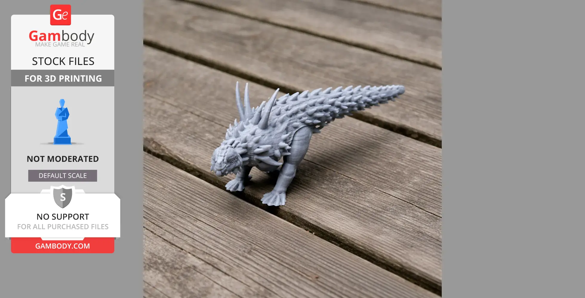 A 3D-printed model of a spiky, prehistoric creature on a wooden surface.