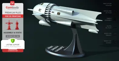 Streamlined retro-futuristic rocket ship model with fins and exhausts, mounted on a stand.