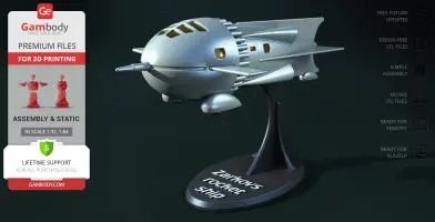 Futuristic rocket ship on a stand, sleek metallic design with fins and windows, labeled 'Zarkov Rocket Ship.'