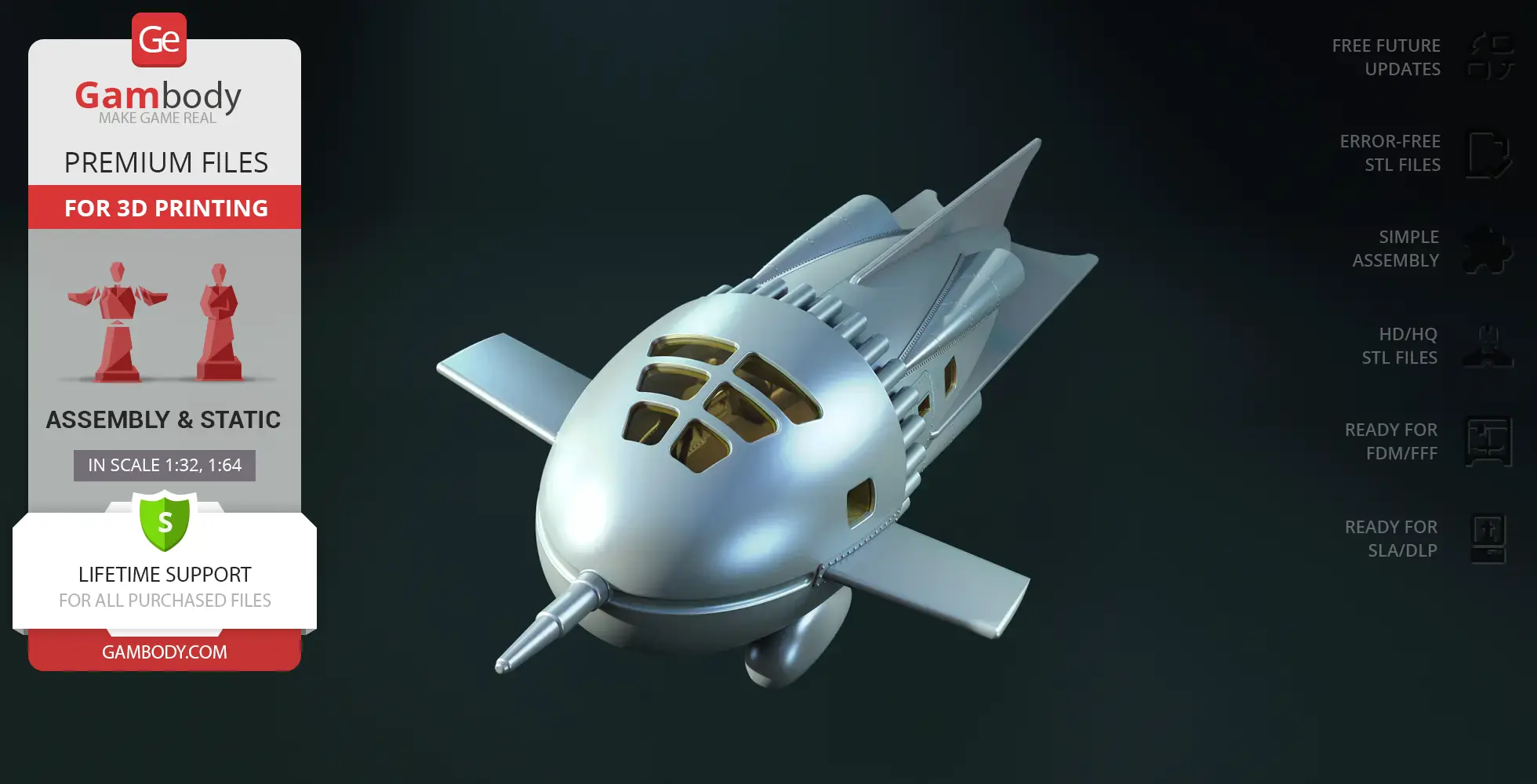 Retro-futuristic rocket ship model with fins and forward-facing nose cone for 3D printing.