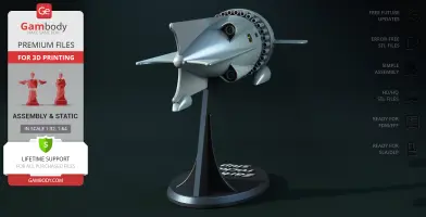 A sleek, retro-futuristic rocket ship model on a stand, designed for 3D printing.