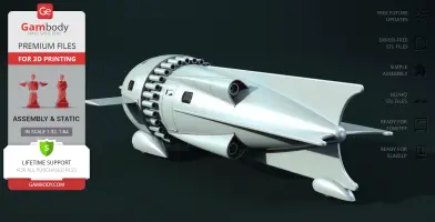 Streamlined silver rocket ship with multiple rear exhausts and fins, designed for 3D printing.