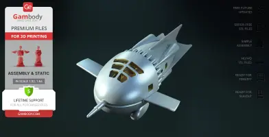 Retro-futuristic rocket ship model with fins and forward-facing nose cone for 3D printing.
