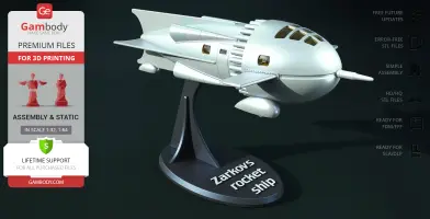 A futuristic silver rocket ship model on a stand labeled 'Zarkovs Rocket Ship,' ready for 3D printing.