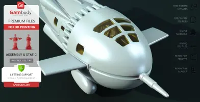 A sleek, retro-futuristic rocket ship with porthole windows and a metallic finish, ideal for 3D printing.