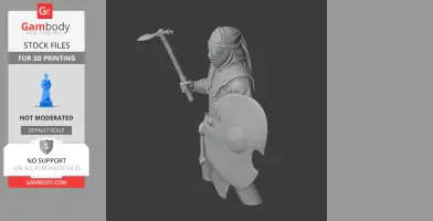 Ancient warrior 3D model holding an axe and shield, with detailed armor and helmet.