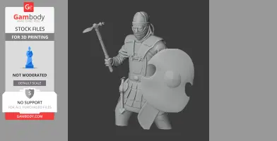 A detailed 3D model of an ancient warrior holding a weapon and shield, wearing armor and a helmet.