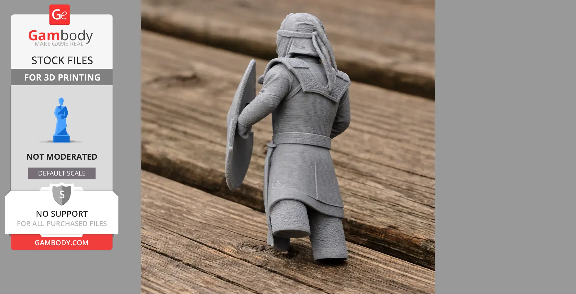 A 3D printed model of an ancient warrior in armor with a shield, standing on a wooden surface.