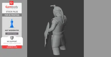 Ancient warrior 3D model with armor and shield, viewed from the back, designed for 3D printing.